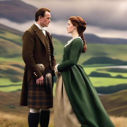 Craft a high-quality digital art image that encapsulates a romantic moment between a Scottish Duke and an Earl's heiress