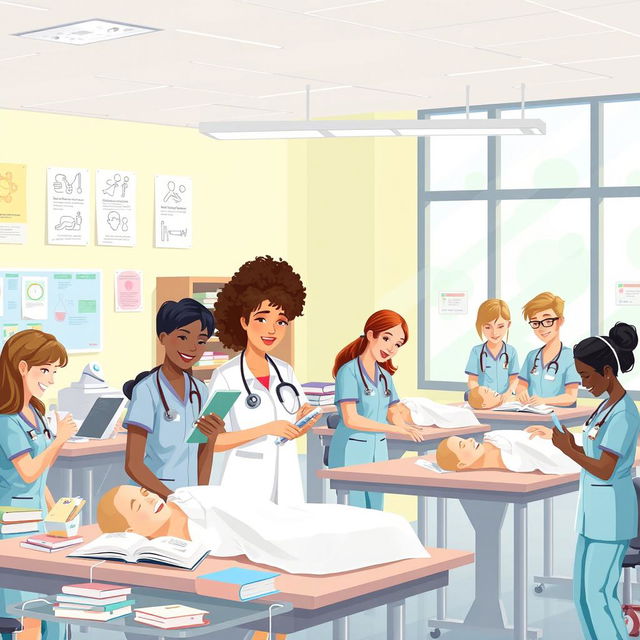 A vibrant and educational illustration depicting various aspects of a nursing course