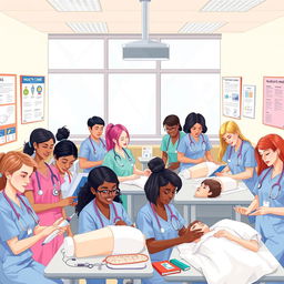A vibrant and educational illustration depicting various aspects of a nursing course