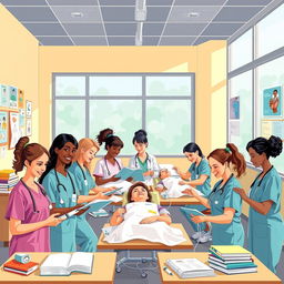 A vibrant and educational illustration depicting various aspects of a nursing course