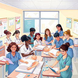 A vibrant and educational illustration depicting various aspects of a nursing course