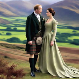 Craft a high-quality digital art image that encapsulates a romantic moment between a Scottish Duke and an Earl's heiress