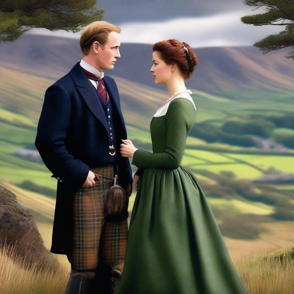 Craft a high-quality digital art image that encapsulates a romantic moment between a Scottish Duke and an Earl's heiress