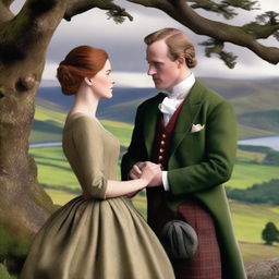 Craft a high-quality digital art image that encapsulates a romantic moment between a Scottish Duke and an Earl's heiress