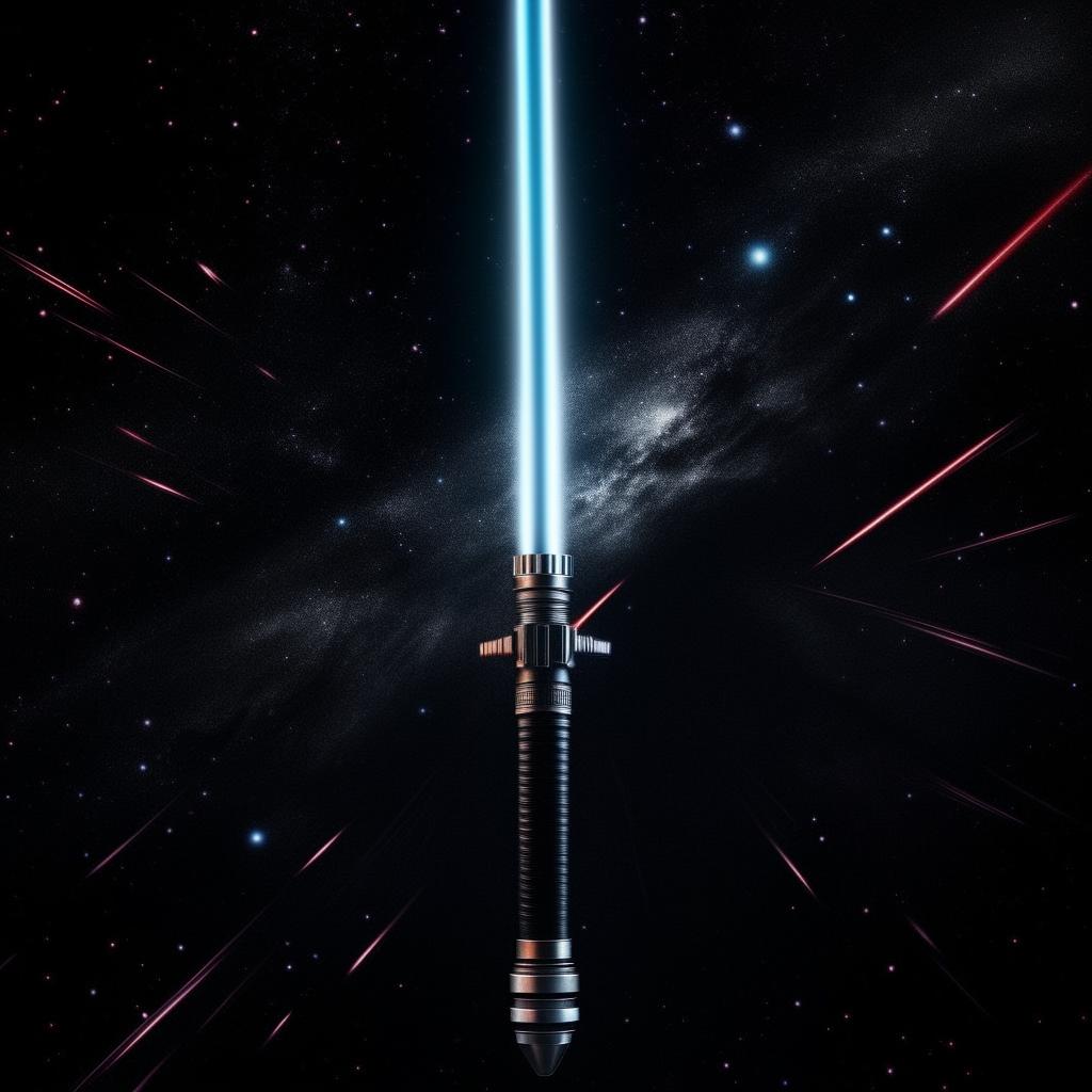 A black lightsaber with a sleek design, exuding an intense, dark energy against a dramatic cosmic background.