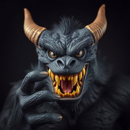 A realistic photo of a black monster with a fierce expression