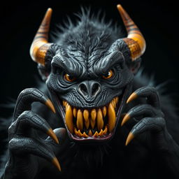 A realistic photo of a black monster with a fierce expression