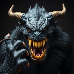 A realistic photo of a black monster with a fierce expression