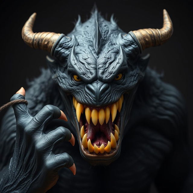 A realistic photo of a black monster with a fierce expression