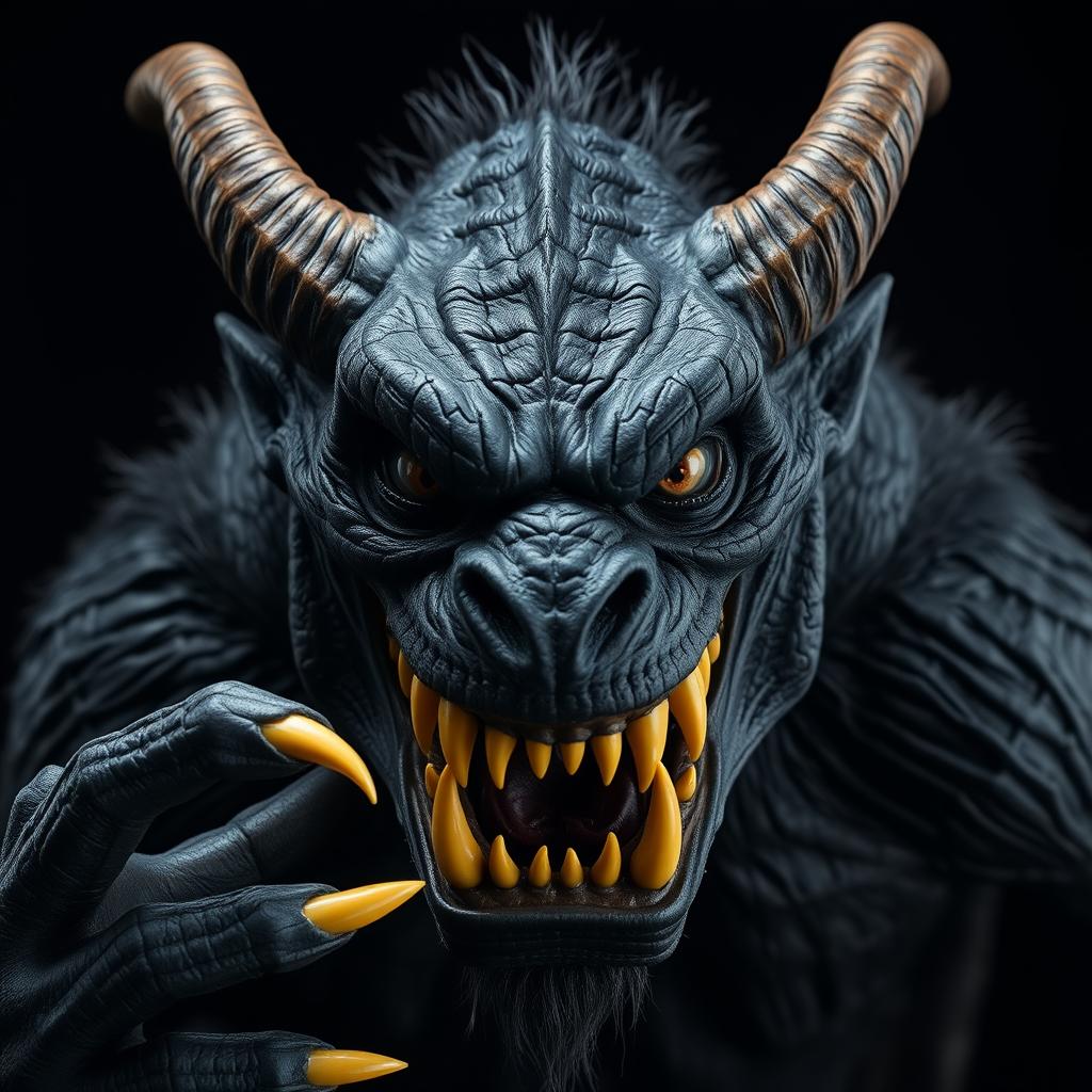 A realistic photo of a black monster with a fierce expression