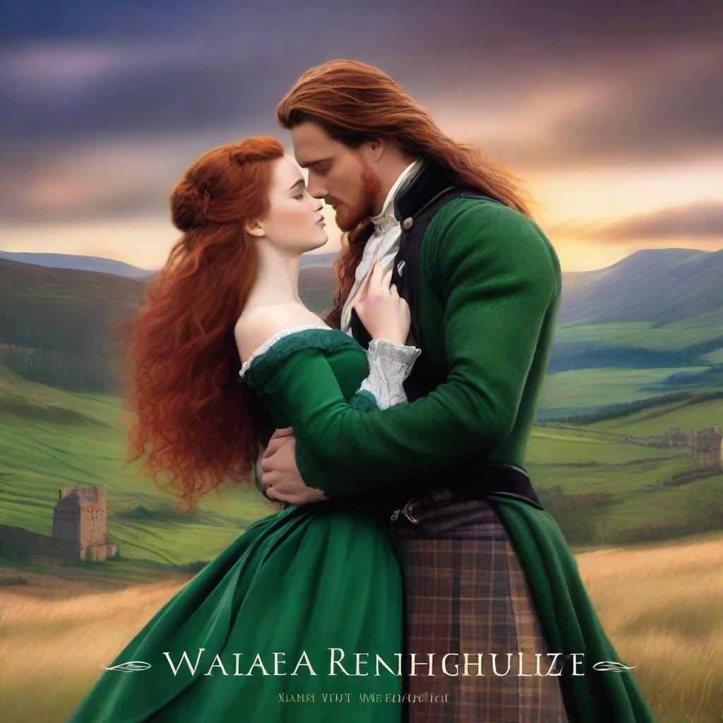 Produce a high-quality digital art image portraying a romantic scene where a long-haired Scottish Duke, in traditional Highland attire, is falling for a beautiful woman with Auburn hair