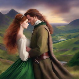 Produce a high-quality digital art image portraying a romantic scene where a long-haired Scottish Duke, in traditional Highland attire, is falling for a beautiful woman with Auburn hair