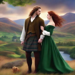 Produce a high-quality digital art image portraying a romantic scene where a long-haired Scottish Duke, in traditional Highland attire, is falling for a beautiful woman with Auburn hair