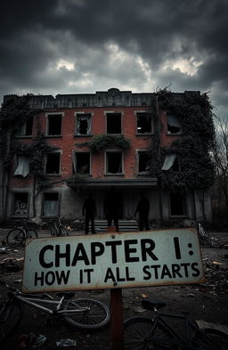 A desolate building in a zombie apocalypse setting, overgrown with vines and debris, showcasing shattered windows and a crumbling facade