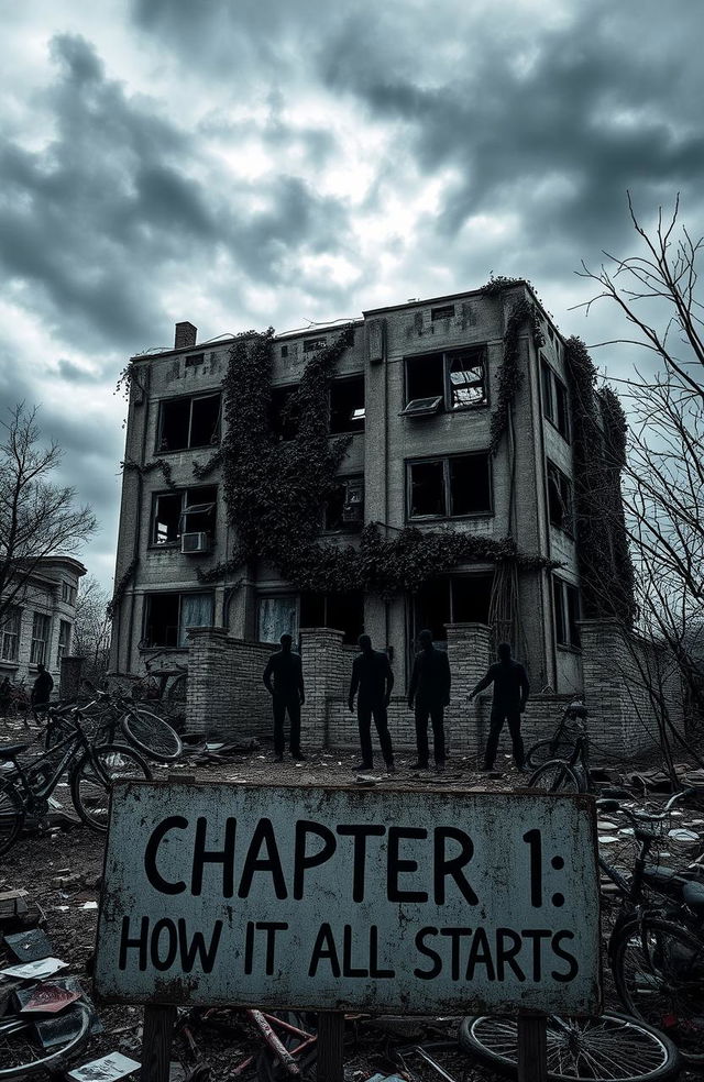 A desolate building in a zombie apocalypse setting, overgrown with vines and debris, showcasing shattered windows and a crumbling facade