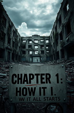 A desolate building in a zombie apocalypse setting, overgrown with vines and debris, showcasing shattered windows and a crumbling facade