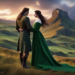 Generate a high-quality digital art image illustrating a romantic scene between a long-haired Scottish Duke and a beautiful woman with long, wavy dark hair