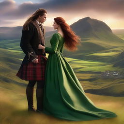 Generate a high-quality digital art image illustrating a romantic scene between a long-haired Scottish Duke and a beautiful woman with long, wavy dark hair