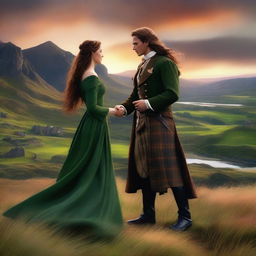 Generate a high-quality digital art image illustrating a romantic scene between a long-haired Scottish Duke and a beautiful woman with long, wavy dark hair