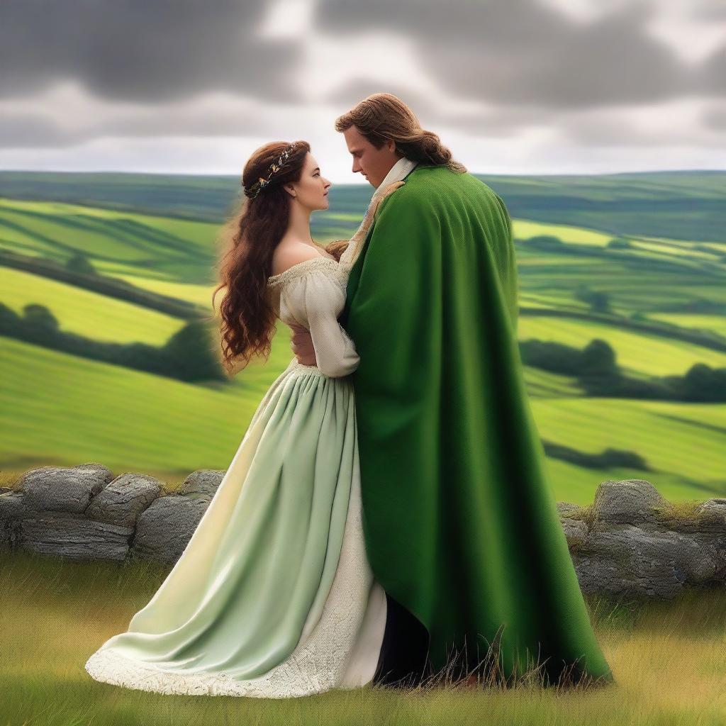 Create a high-quality digital art image depicting a romantic scene between a newly titled Irish Duke and a beautiful woman with long, wavy dark hair