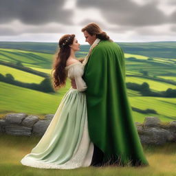 Create a high-quality digital art image depicting a romantic scene between a newly titled Irish Duke and a beautiful woman with long, wavy dark hair