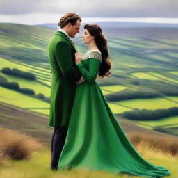 Create a high-quality digital art image depicting a romantic scene between a newly titled Irish Duke and a beautiful woman with long, wavy dark hair