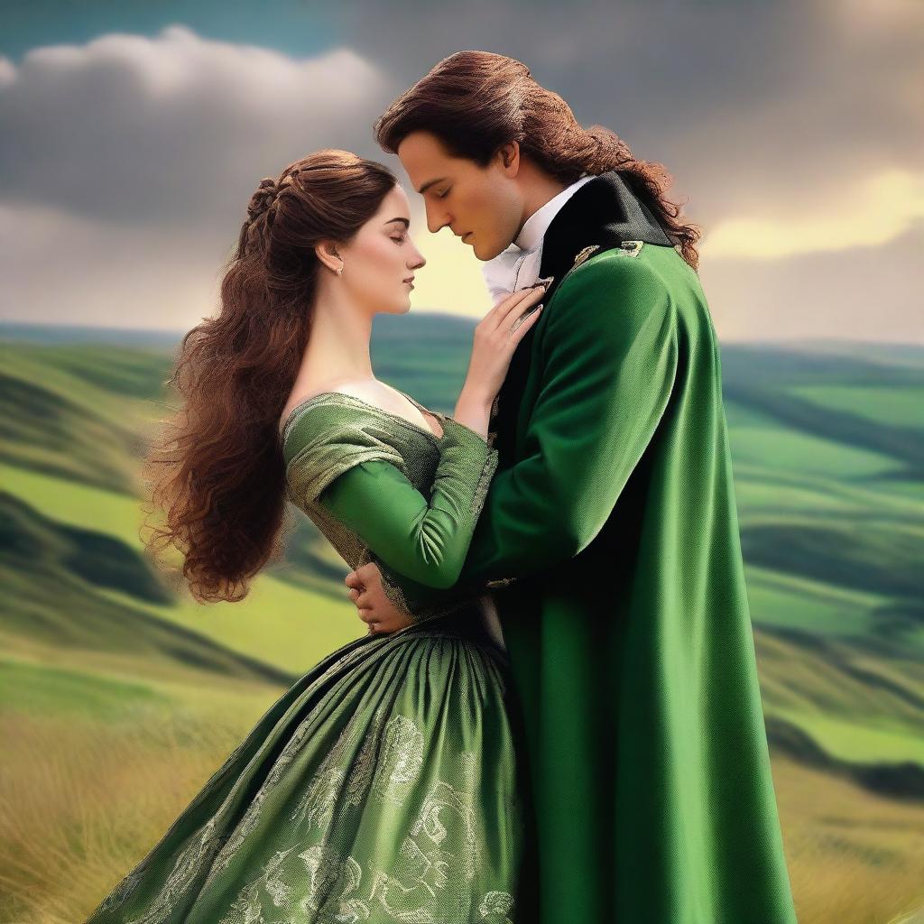 Create a high-quality digital art image depicting a romantic scene between a newly titled Irish Duke and a beautiful woman with long, wavy dark hair