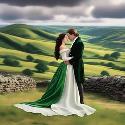 Create a high-quality digital art image depicting a romantic scene between a newly titled Irish Duke and a beautiful woman with long, wavy dark hair