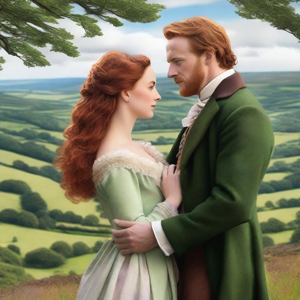 Create a high-resolution digital art image capturing a romantic scene between a newly titled Welsh Duke and a beautiful woman with long, wavy Auburn hair