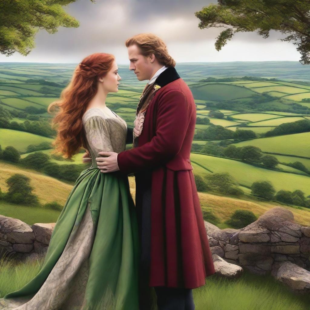 Create a high-resolution digital art image capturing a romantic scene between a newly titled Welsh Duke and a beautiful woman with long, wavy Auburn hair