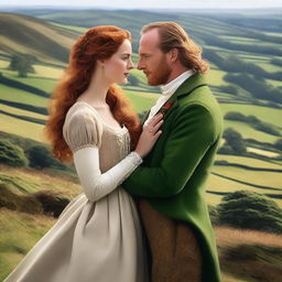 Create a high-resolution digital art image capturing a romantic scene between a newly titled Welsh Duke and a beautiful woman with long, wavy Auburn hair