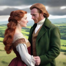 Create a high-resolution digital art image capturing a romantic scene between a newly titled Welsh Duke and a beautiful woman with long, wavy Auburn hair