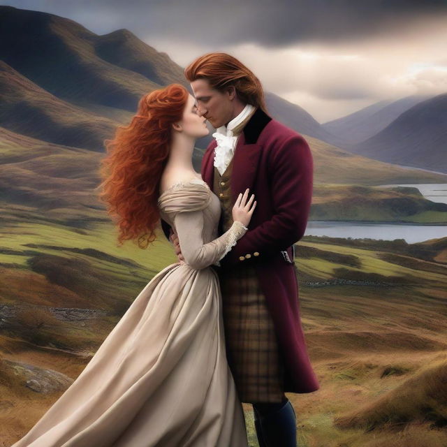 Design a high-resolution digital art image showcasing a romantic scenario between a sexy new Scottish Duke and a ravishing woman with long, wavy Auburn hair