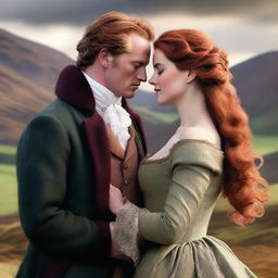 Design a high-resolution digital art image showcasing a romantic scenario between a sexy new Scottish Duke and a ravishing woman with long, wavy Auburn hair