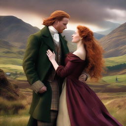 Design a high-resolution digital art image showcasing a romantic scenario between a sexy new Scottish Duke and a ravishing woman with long, wavy Auburn hair