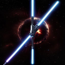 A black lightsaber with a sleek design, exuding an intense, dark energy against a dramatic cosmic background.