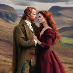 Design a high-resolution digital art image showcasing a romantic scenario between a sexy new Scottish Duke and a ravishing woman with long, wavy Auburn hair