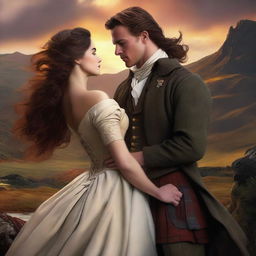 Compose a high-resolution digital art image depicting a passionate scene between a sexy new Scottish Duke and a ravishing woman with long, wavy dark hair