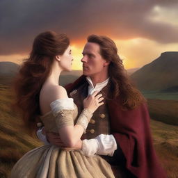 Compose a high-resolution digital art image depicting a passionate scene between a sexy new Scottish Duke and a ravishing woman with long, wavy dark hair