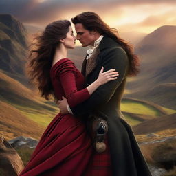 Compose a high-resolution digital art image depicting a passionate scene between a sexy new Scottish Duke and a ravishing woman with long, wavy dark hair