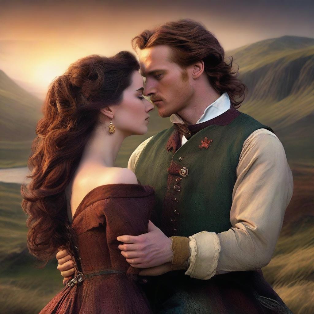 Compose a high-resolution digital art image depicting a passionate scene between a sexy new Scottish Duke and a ravishing woman with long, wavy dark hair