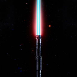 A black lightsaber with a sleek design, exuding an intense, dark energy against a dramatic cosmic background.