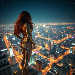 A wide shot capturing Tyla standing confidently on the edge of a rooftop, looking out over the sprawling cityscape that glows with vibrant lights at night