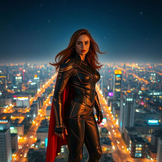 A wide shot capturing Tyla standing confidently on the edge of a rooftop, looking out over the sprawling cityscape that glows with vibrant lights at night