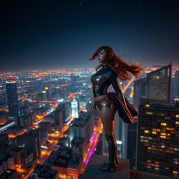 A wide shot capturing Tyla standing confidently on the edge of a rooftop, looking out over the sprawling cityscape that glows with vibrant lights at night