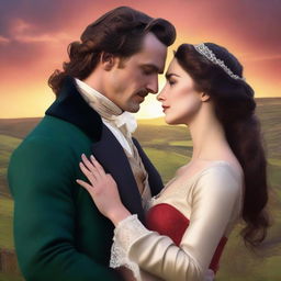 Design a high-resolution digital art image depicting a passionate scene between a sexy new Welsh Duke and a ravishing woman with long, wavy dark hair