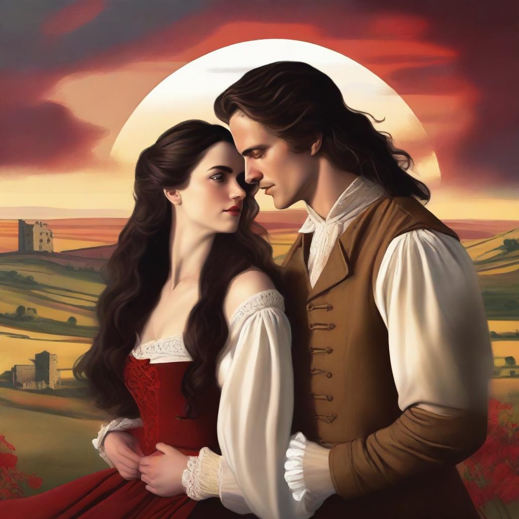 Design a high-resolution digital art image depicting a passionate scene between a sexy new Welsh Duke and a ravishing woman with long, wavy dark hair