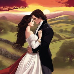 Design a high-resolution digital art image depicting a passionate scene between a sexy new Welsh Duke and a ravishing woman with long, wavy dark hair