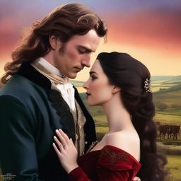 Design a high-resolution digital art image depicting a passionate scene between a sexy new Welsh Duke and a ravishing woman with long, wavy dark hair