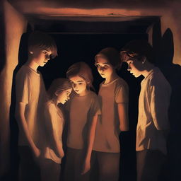 An intriguing digital art image that encapsulates a teen thriller scene set in a basement